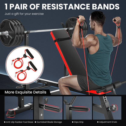 6-In-1 Adjustable Weight Bench Set Bench Press with Squat Barbell Rack/Removable Foot Catch/Rowing Set Ideal for Incline, Flat, Decline, and Sit up Full Body Exercise Equipment