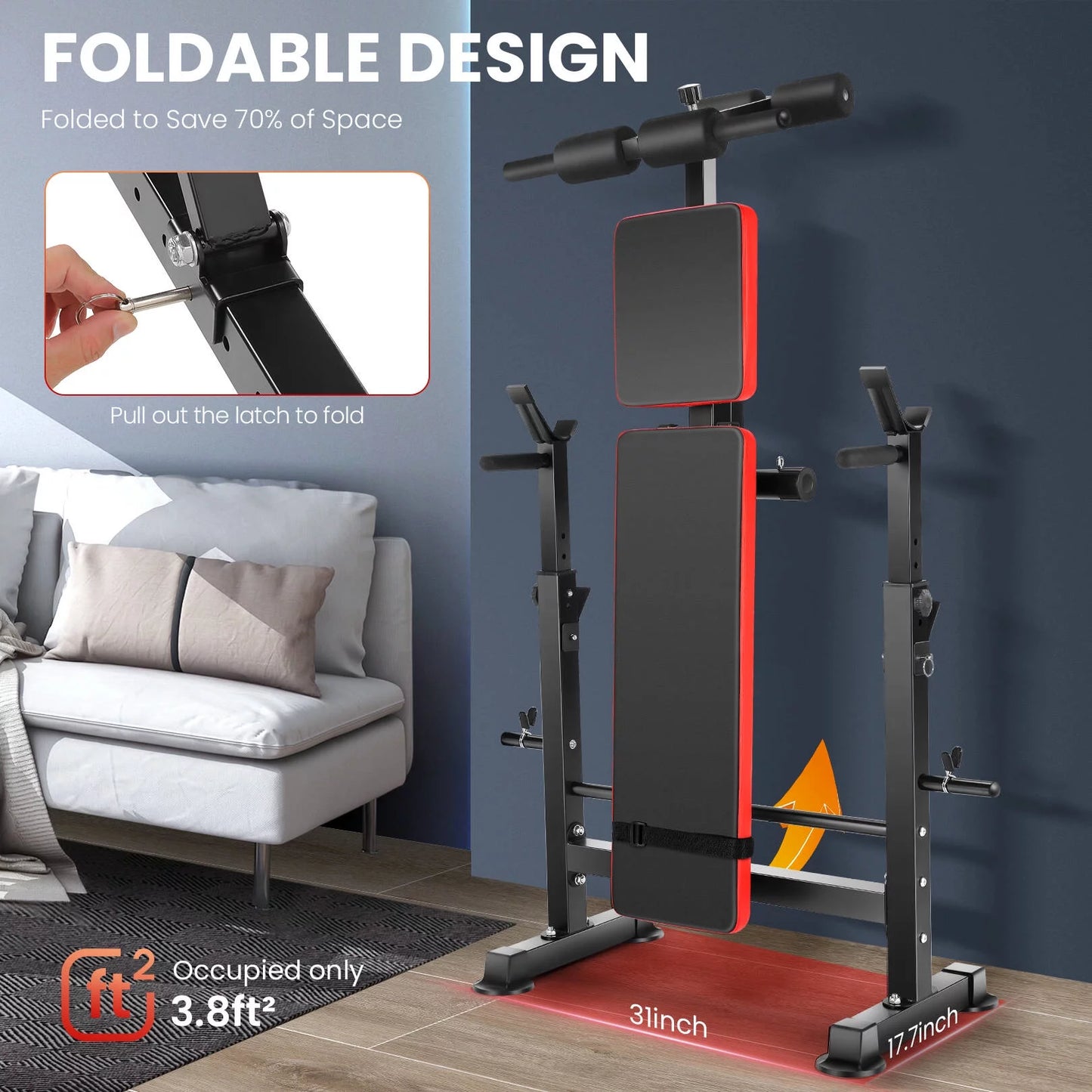 6-In-1 Adjustable Weight Bench Set Bench Press with Squat Barbell Rack/Removable Foot Catch/Rowing Set Ideal for Incline, Flat, Decline, and Sit up Full Body Exercise Equipment