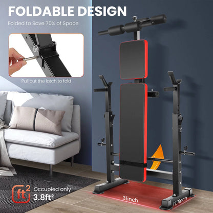 6-In-1 Adjustable Weight Bench Set Bench Press with Squat Barbell Rack/Removable Foot Catch/Rowing Set Ideal for Incline, Flat, Decline, and Sit up Full Body Exercise Equipment