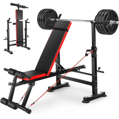 6-In-1 Adjustable Weight Bench Set Bench Press with Squat Barbell Rack/Removable Foot Catch/Rowing Set Ideal for Incline, Flat, Decline, and Sit up Full Body Exercise Equipment