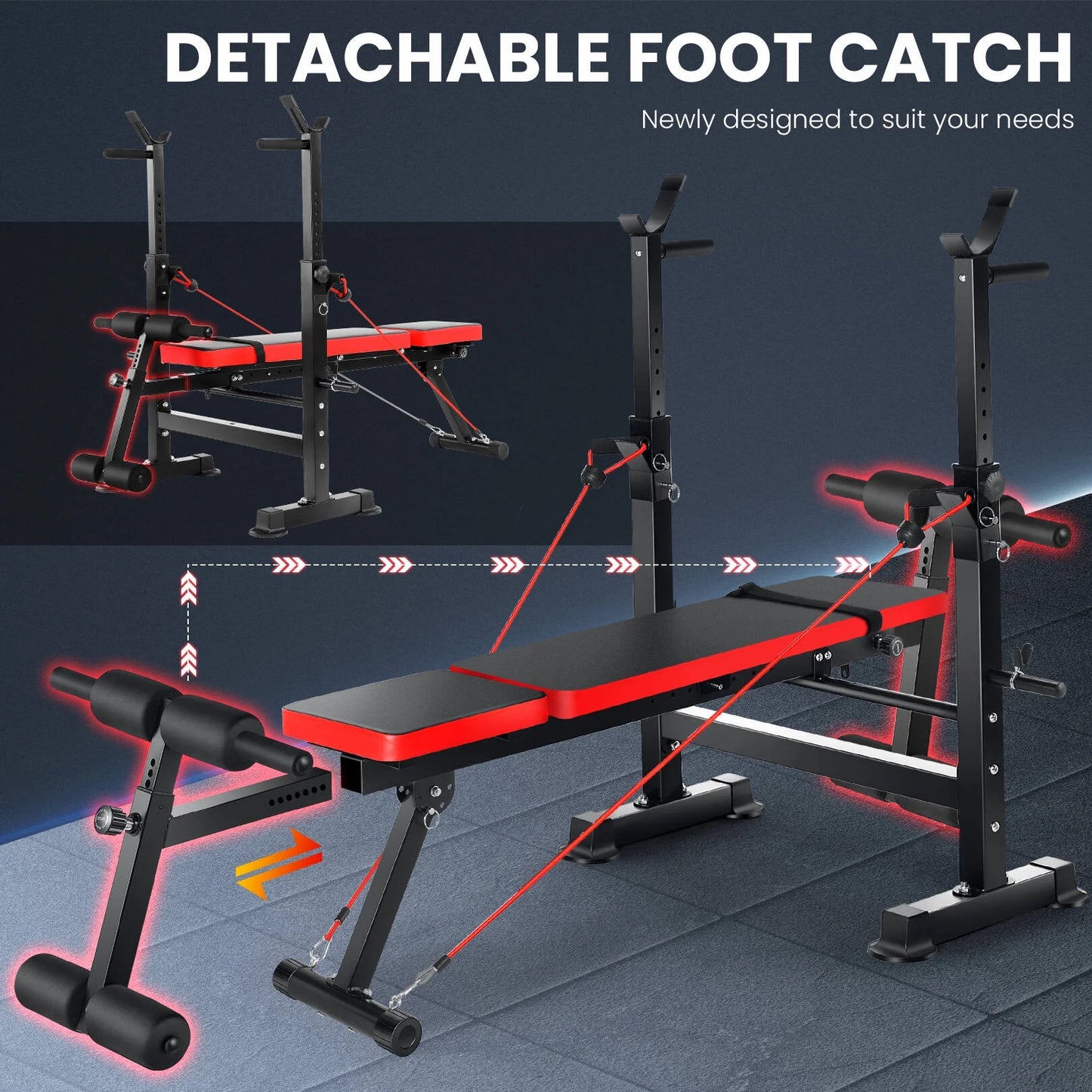 6-In-1 Adjustable Weight Bench Set Bench Press with Squat Barbell Rack/Removable Foot Catch/Rowing Set Ideal for Incline, Flat, Decline, and Sit up Full Body Exercise Equipment