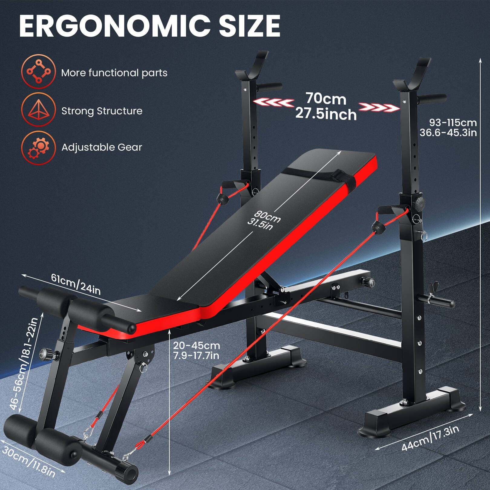 6-In-1 Adjustable Weight Bench Set Bench Press with Squat Barbell Rack/Removable Foot Catch/Rowing Set Ideal for Incline, Flat, Decline, and Sit up Full Body Exercise Equipment